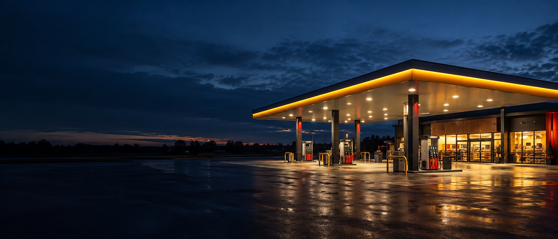 Illustrative service-station forecourt at dusk